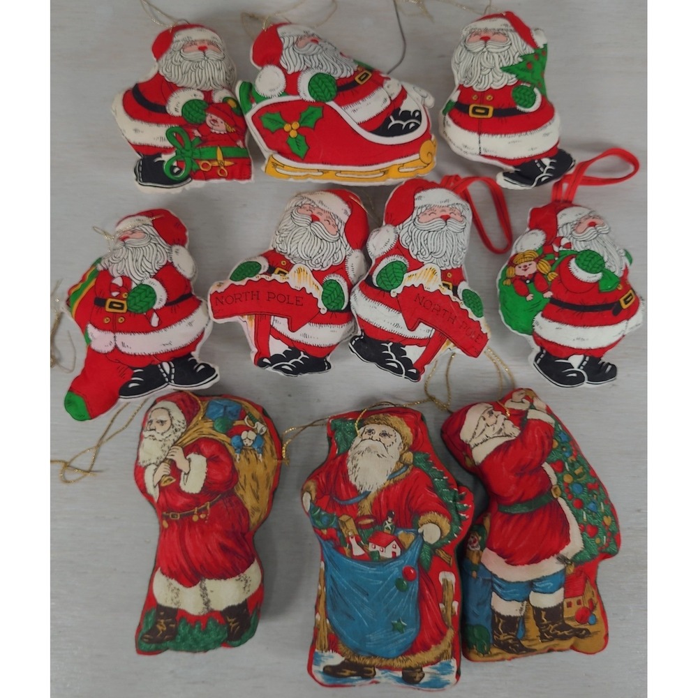 Vintage Santa Claus Padded Fabric Christmas Ornaments Lot of 10 Red White Green